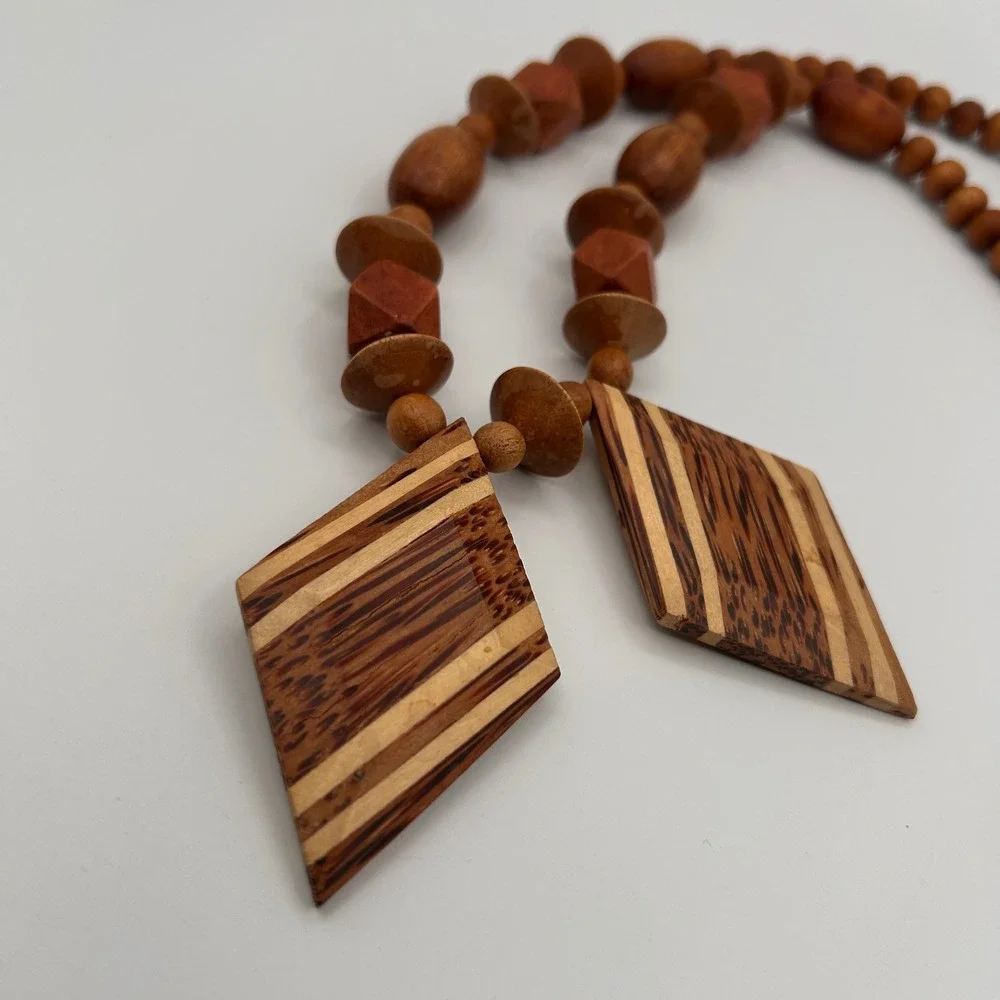 Vintage Boho Natural Wood Beaded Necklace Stripe Geometric Pendant Statement 24